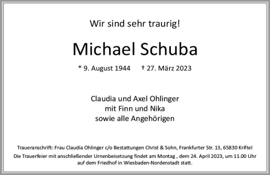 Traueranzeige von Michael Schubs von Wiesbadener Kurier