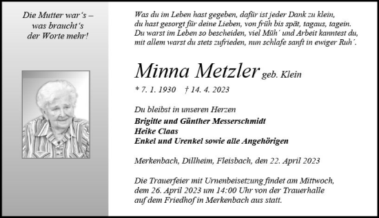 Traueranzeige von Minna Metzler von Dill Block