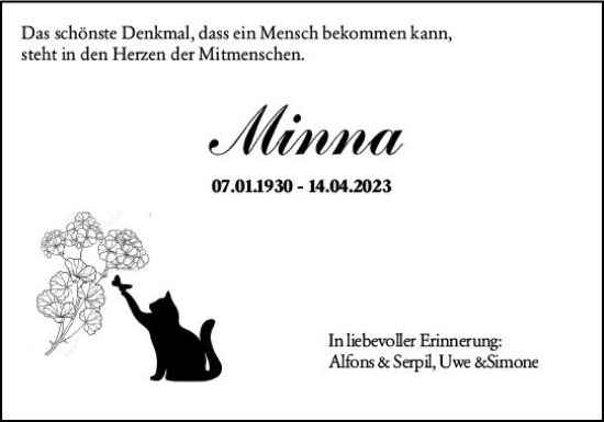 Traueranzeige von Minna Metzler von Dill Block