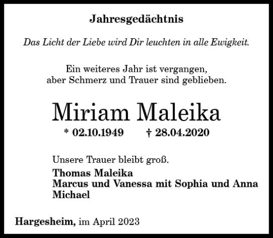 Traueranzeige von Miriam Maleika von Allgemeine Zeitung Bad Kreuznach