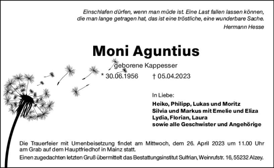 Traueranzeige von Moni Aguntius von Allgemeine Zeitung Mainz