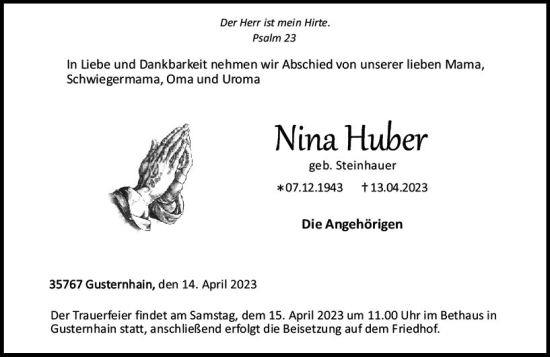 Traueranzeige von Nina Huber von Dill Block