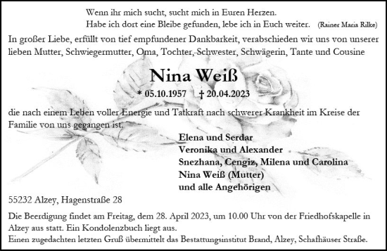 Traueranzeige von Nina Weiß von Allgemeine Zeitung Alzey