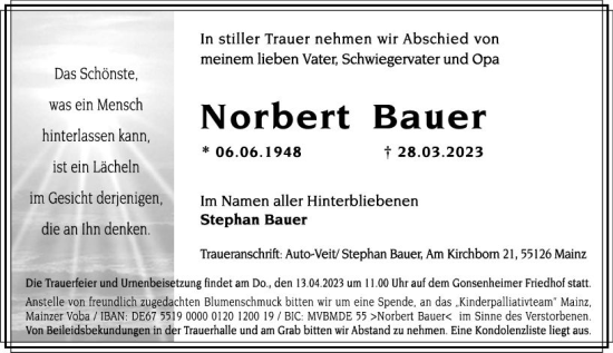 Traueranzeige von Norbert Bauer von Allgemeine Zeitung Mainz