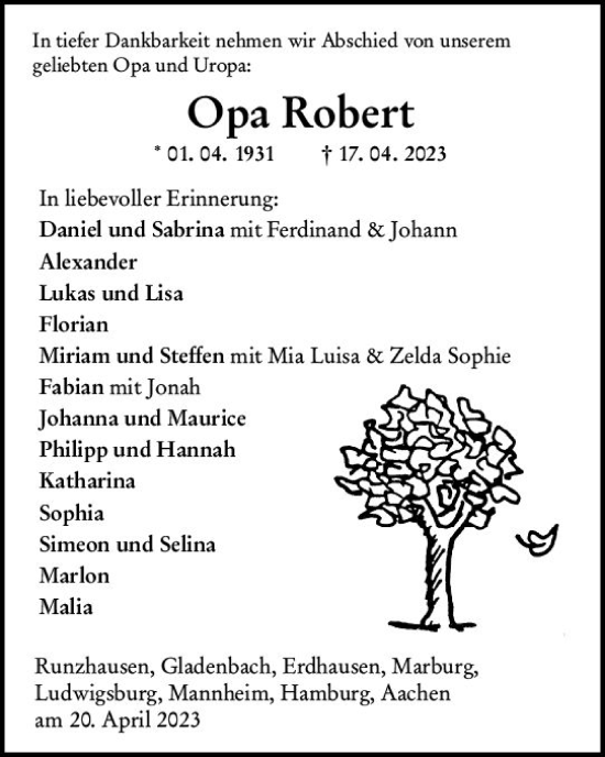 Traueranzeige von Opa Robert  von Hinterländer Anzeiger