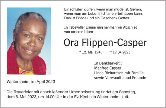 Traueranzeige von Ora Flippen-Casper von Allgemeine Zeitung Mainz