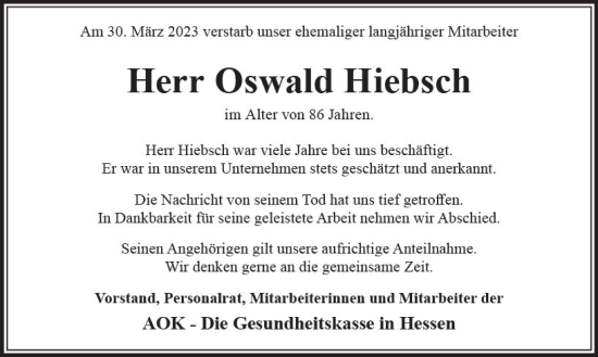 Traueranzeige von Oswald Hiebsch von Darmstädter Echo
