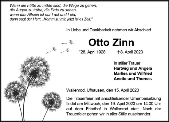 Traueranzeige von Otto Zinn von VRM Trauer