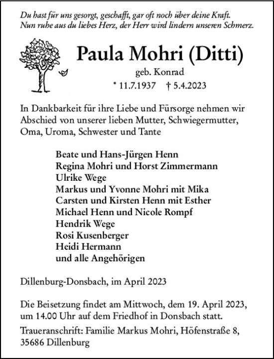 Traueranzeige von Paula Mohri von Dill Block