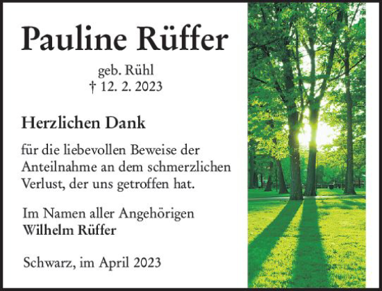 Traueranzeige von Pauline Rüffer von Oberhessen Kurier