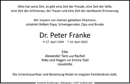 Traueranzeige von Peter Franke von Allgemeine Zeitung Mainz