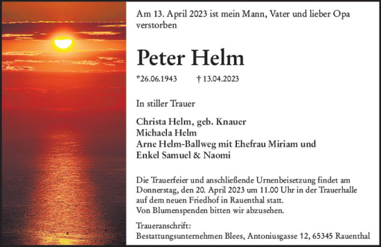 Traueranzeige von Peter Helm von Wiesbadener Kurier