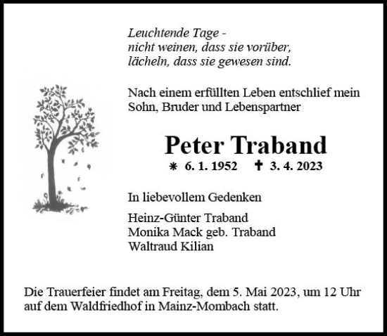 Traueranzeige von Peter Traband von Allgemeine Zeitung Mainz
