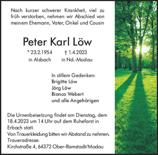 Traueranzeige von Peter Karl Löw von Darmstädter Echo