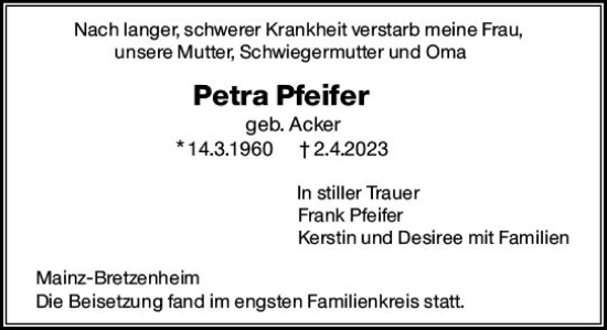 Traueranzeige von Petra Pfeifer von Allgemeine Zeitung Mainz
