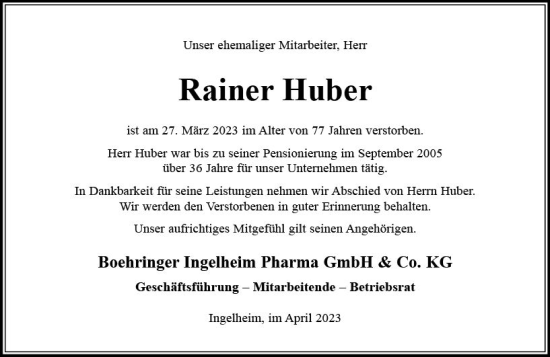 Traueranzeige von Rainer Huber von Allgemeine Zeitung Bingen/Ingelheim