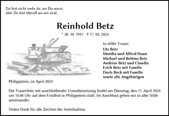 Traueranzeige von Reinhold Betz von Wetzlarer Neue Zeitung