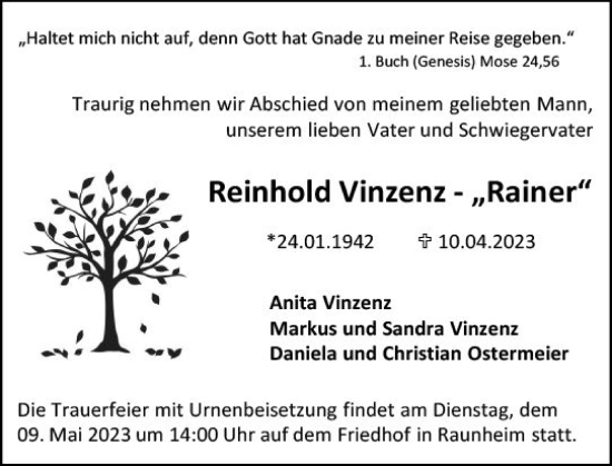Traueranzeige von Reinhold Vinzenz von Rüsselsheimer Echo