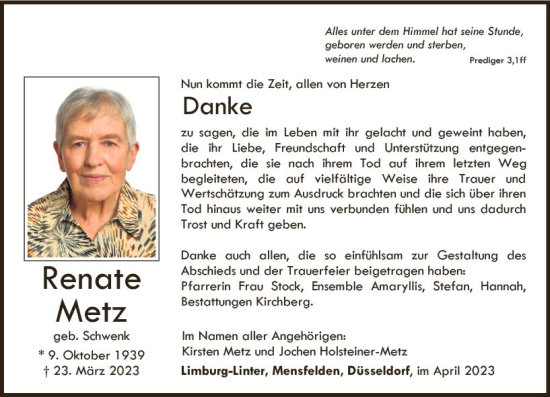 Traueranzeige von Renate Metz von Nassauische Neue Presse