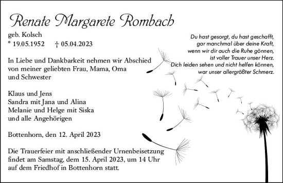 Traueranzeige von Renate Margarete Rombach von Hinterländer Anzeiger