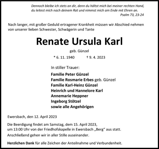 Traueranzeige von Renate Ursula Karl von Dill Block