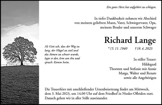 Traueranzeige von Richard Lange von VRM Trauer