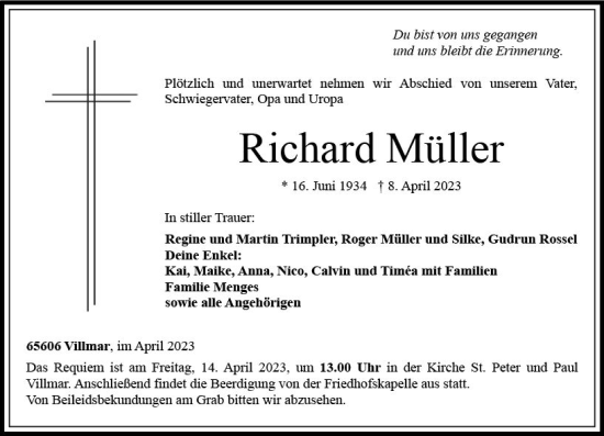 Traueranzeige von Richard Müller von Nassauische Neue Presse