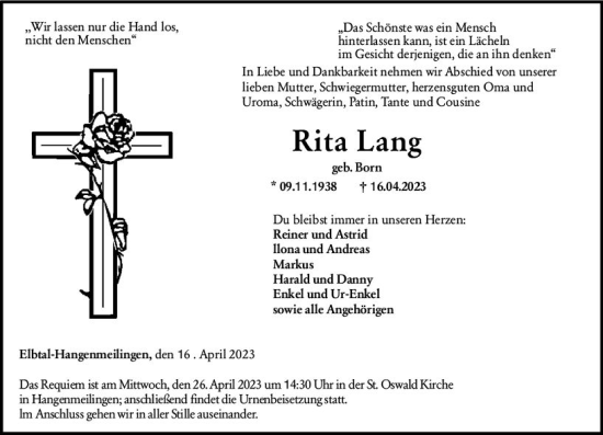 Traueranzeige von Rita Lang von Nassauische Neue Presse