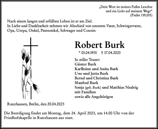 Traueranzeige von Robert Burk von Hinterländer Anzeiger