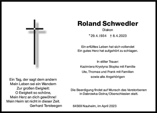 Traueranzeige von Roland Schwedler von Rüsselsheimer Echo