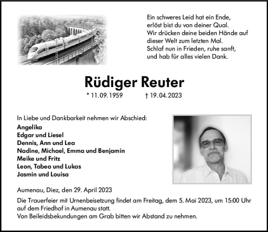 Traueranzeige von Rüdiger Reuter von Weilburger Tageblatt