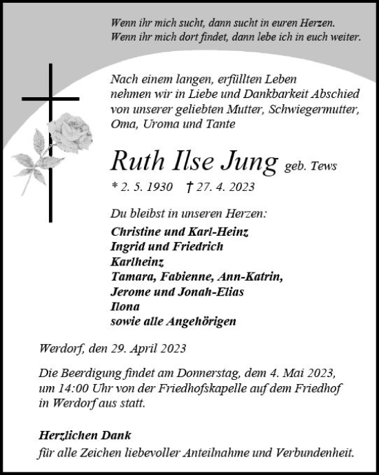 Traueranzeige von Ruth Ilse Jung von Wetzlarer Neue Zeitung