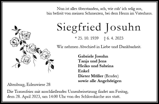 Traueranzeige von Siegfried Josuhn von Oberhessen Kurier