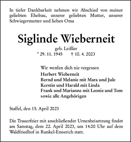 Traueranzeige von Siglinde Wieberneit von Nassauische Neue Presse