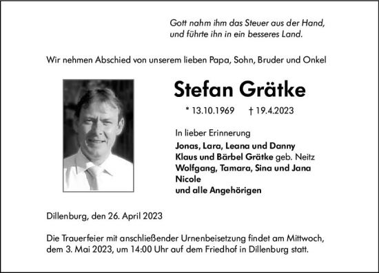 Traueranzeige von Stefan Grätke von Dill Block