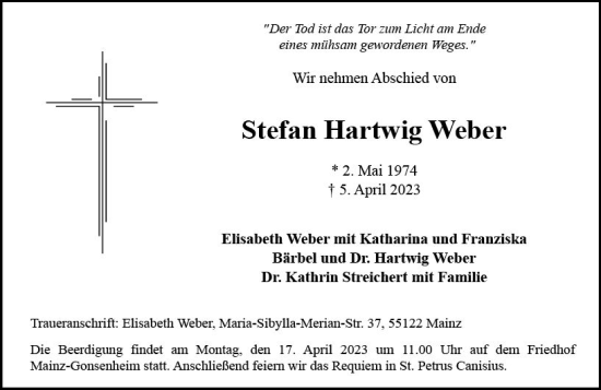 Traueranzeige von Stefan Hartwig Weber von Allgemeine Zeitung Mainz