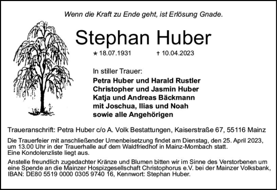 Traueranzeige von Stephan Huber von Allgemeine Zeitung Mainz