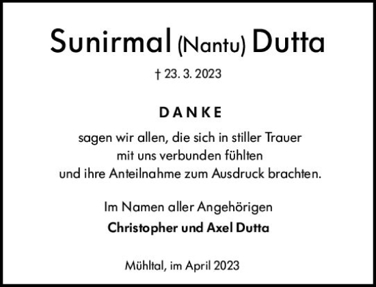 Traueranzeige von Sunirmal  Dutta von Darmstädter Echo