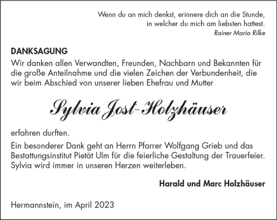 Traueranzeige von Sylvia Jost-Holzhäuser von Wetzlarer Neue Zeitung