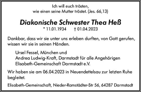 Traueranzeige von Thea Heß von Darmstädter Echo