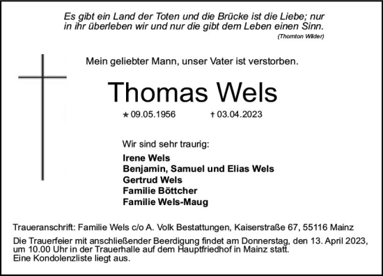 Traueranzeige von Thomas Wels von Allgemeine Zeitung Mainz