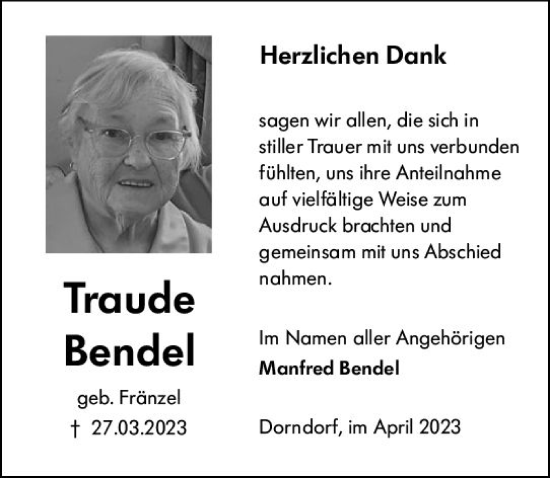 Traueranzeige von Traude Bendel von Nassauische Neue Presse