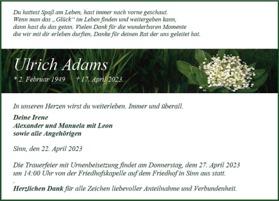Traueranzeige von Ulrich Adams von Dill Block