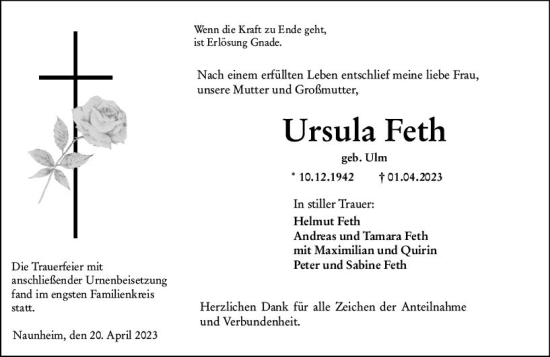 Traueranzeige von Ursula Feth von Wetzlarer Neue Zeitung
