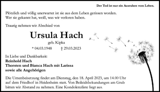 Traueranzeige von Ursula Hach von Allgemeine Zeitung Bingen/Ingelheim