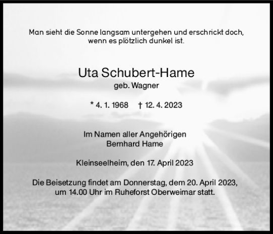 Traueranzeige von Uta Schubert-Hame von Hinterländer Anzeiger