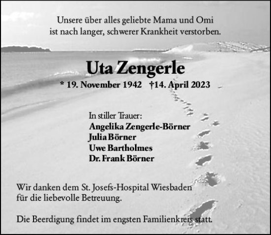 Traueranzeige von Uta Zengerle von Hochheimer Zeitung