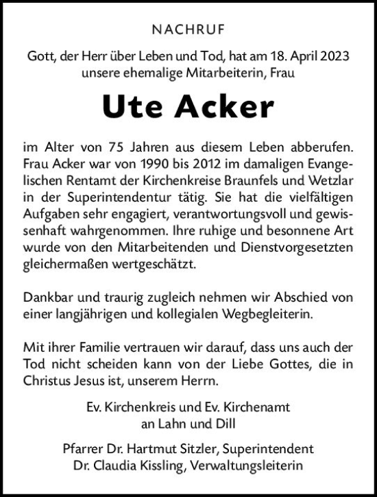 Traueranzeige von Ute Acker von Wetzlarer Neue Zeitung