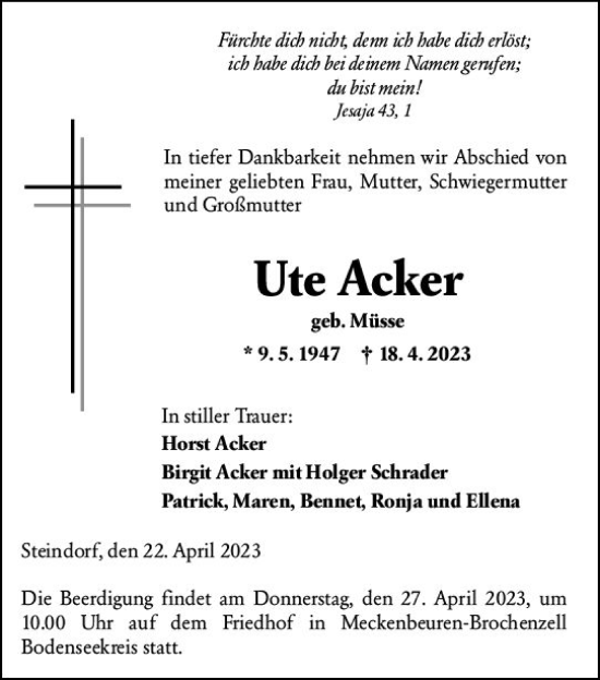 Traueranzeige von Ute Acker von Wetzlarer Neue Zeitung