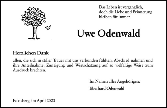 Traueranzeige von Uwe Odenwald von Weilburger Tageblatt